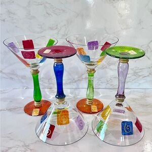 🍸🫒Royal Danube Mardi Gras Handcrafted Colorful Swirl Martini Glass Set🫒🍸